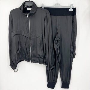 Lola & Sophie Black Satin Track Set Cargo Joggers Crop Drawstring Jacket Size L